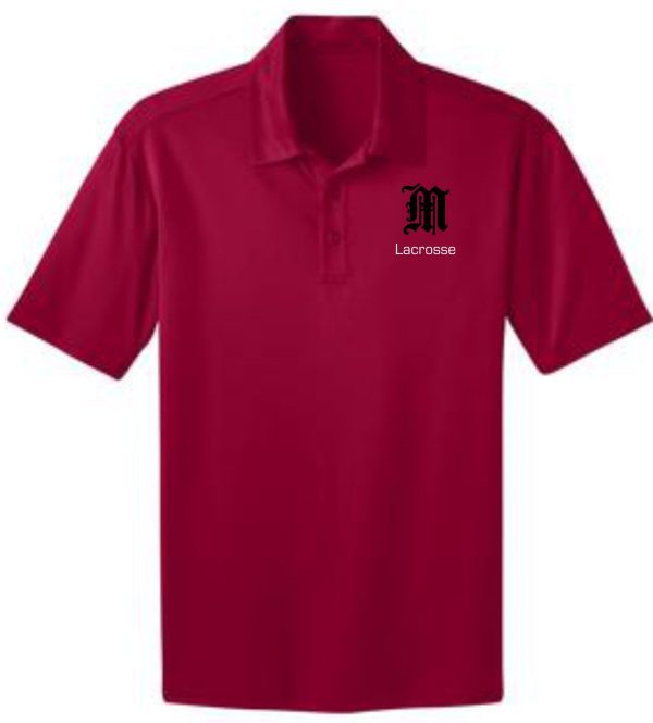 Red lacrosse polo with black M logo.