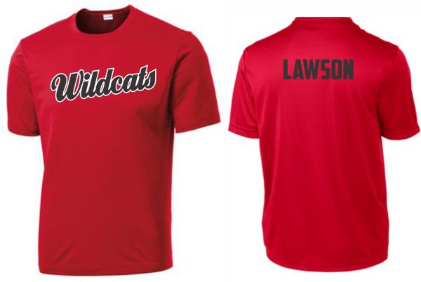 2023 Waggener Baseball Moisture wicking t ST350 sports jersey with "wildcats" on the front and "lawson" on the back in white lettering.