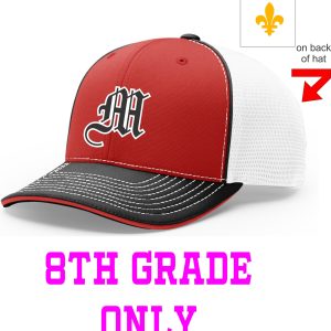 Red and black 8th grade hat with fleur-de-lis.