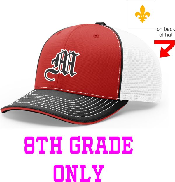 Red and black 8th grade hat with fleur-de-lis.