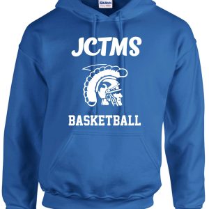 JCTMS Centurion Royal White Hooded sweatshirt G185 with "jctms basketball" printed in white, featuring a graphic of a spartan helmet.