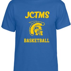 JCTMS Centurion Royal Gold T shirt G8000 with yellow text "jctms basketball" and a graphic of a spartan helmet.