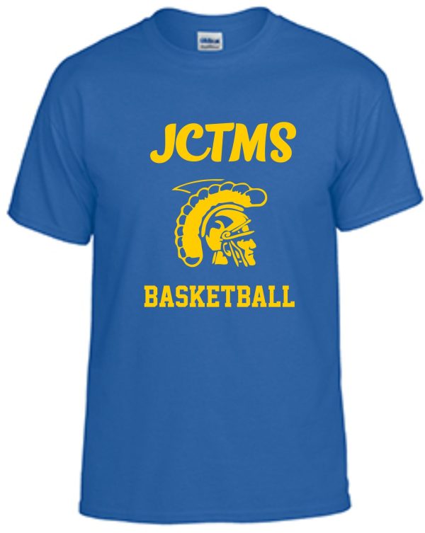 JCTMS Centurion Royal Gold T shirt G8000 with yellow text "jctms basketball" and a graphic of a spartan helmet.