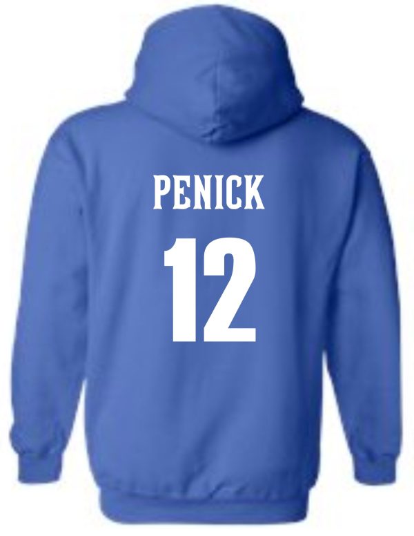 CEC Baseball Royal Blue Hooded sweatshirt G185 with a hood, featuring the name "penick" and the number "12" printed in white on the back.