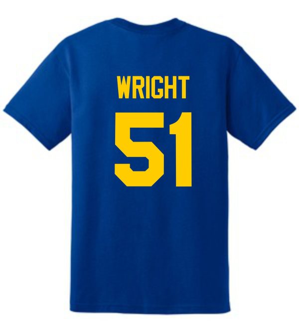 JCTMS Centurion Royal Gold T shirt G8000 with yellow text "wright" above the number "51" on the back.