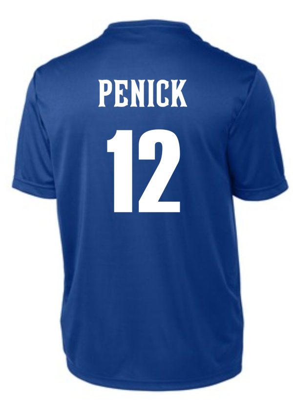 Blue CEC Baseball moisture wicking royal blue t ST350/YST350 with the name "penick" and the number 12 on the back.