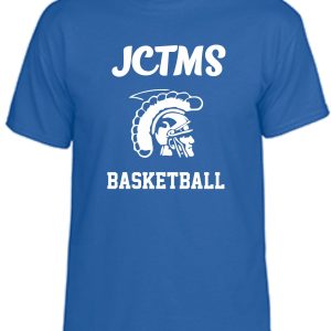 Blue JCTMS Centurion Royal white T shirt G8000 printed in white, featuring a graphic of a spartan warrior helmet.