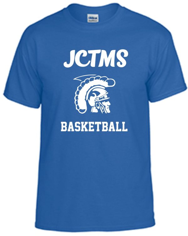 Blue JCTMS Centurion Royal white T shirt G8000 printed in white, featuring a graphic of a spartan warrior helmet.