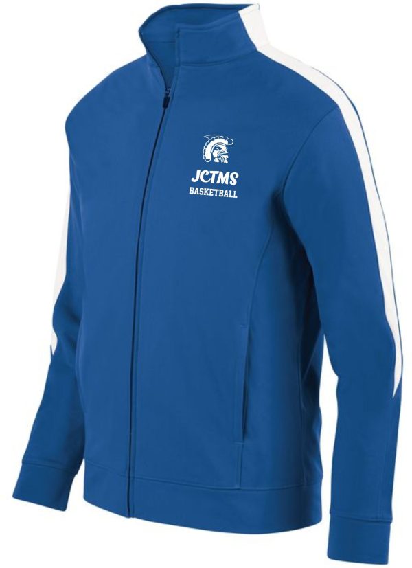 Blue and white zip-up JCTMS Basketball ROYAL BLUE Medalist Warm up jacket with "jctms basketball" logo on the left chest.