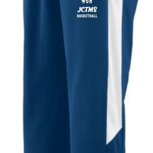 JCTMS Basketball ROYAL BLUE Medalist Warm up pants with a drawstring waist and a "jtms basketball" logo on the upper left thigh.