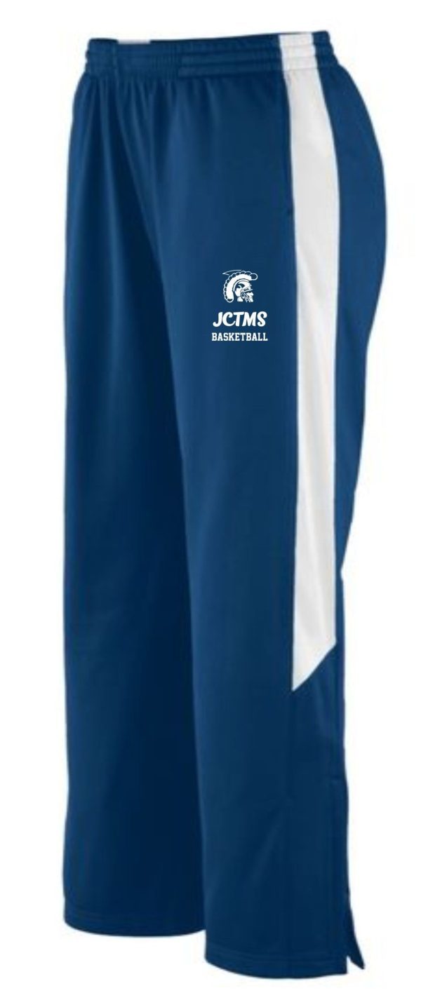 JCTMS Basketball ROYAL BLUE Medalist Warm up pants with a drawstring waist and a "jtms basketball" logo on the upper left thigh.