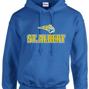 Blue St. Albert hoodie with mascot.