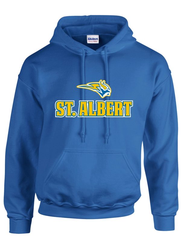 Blue St. Albert hoodie with mascot.