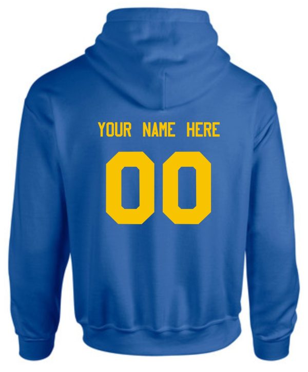 Ascension Spirit Longhorn hooded sweatshirt with customizable text "your name here" and number "00" in yellow on the back.