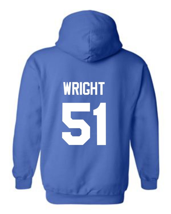 JCTMS Centurion Royal White Hooded sweatshirt G185 with a hood and "wright 51" printed in white on the back.