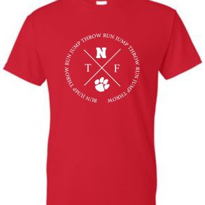 Noe Middle School Track Softstyle Adult Red T-shirt 64000 with a white circular logo featuring the letters "t", "n", "f" intertwined and a paw print in the center, surrounded by the words "run, jump, throw" repeated.