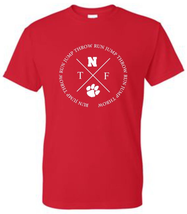 Noe Middle School Track Softstyle Adult Red T-shirt 64000 with a white circular logo featuring the letters "t", "n", "f" intertwined and a paw print in the center, surrounded by the words "run, jump, throw" repeated.