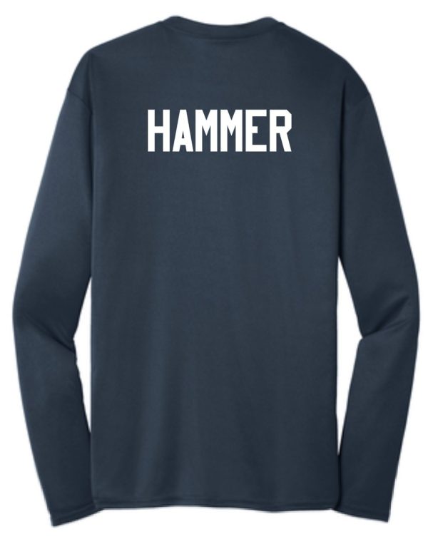 Blue long-sleeved shirt with "HAMMER" on the back.