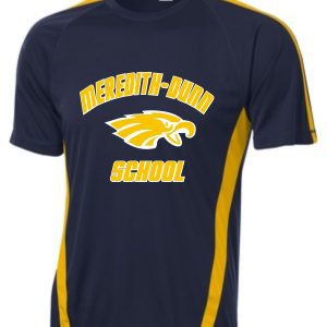 Navy blue and yellow athletic t-shirt with the "Meredith-Dunn Navy with gold inserts and Eagle head design ST351" logo featuring a stylized eagle.