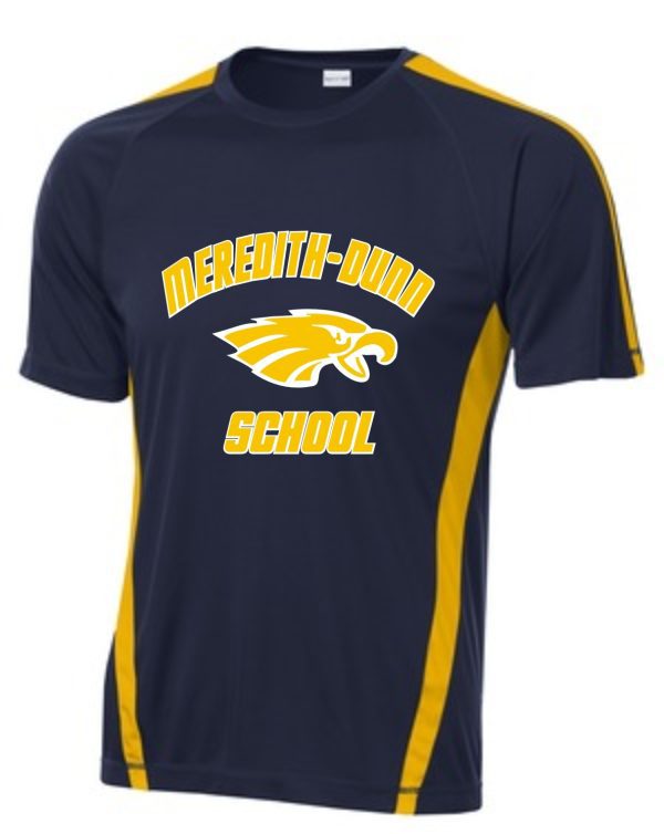 Navy blue and yellow athletic t-shirt with the "Meredith-Dunn Navy with gold inserts and Eagle head design ST351" logo featuring a stylized eagle.