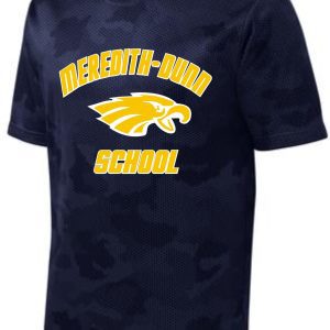 Meredith-Dunn Navy Camo t-shirt with Eagle head design ST370 featuring the text "meredith-dunn school" and a graphic of a yellow hornet logo on the front.
