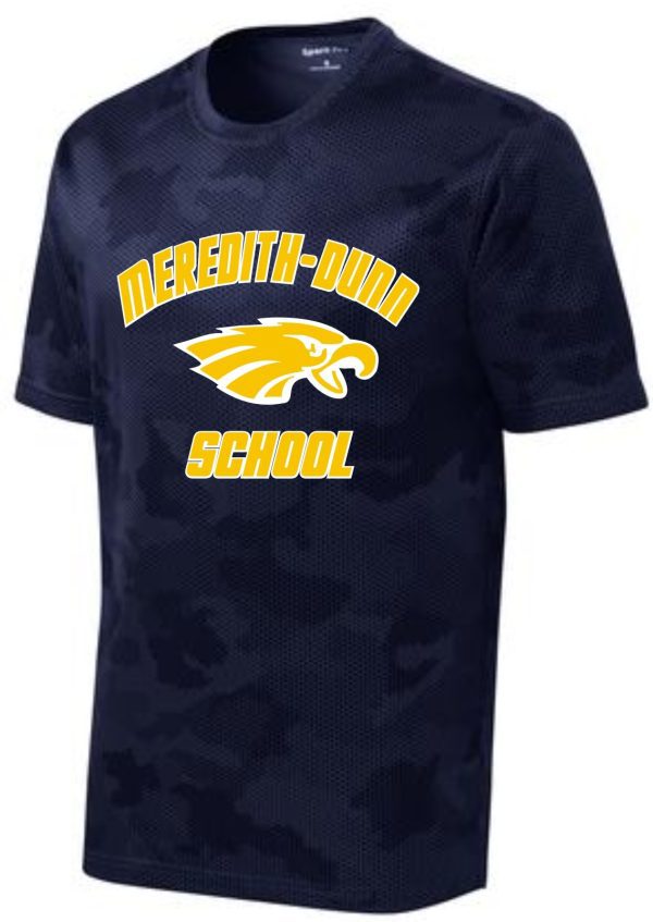 Meredith-Dunn Navy Camo t-shirt with Eagle head design ST370 featuring the text "meredith-dunn school" and a graphic of a yellow hornet logo on the front.