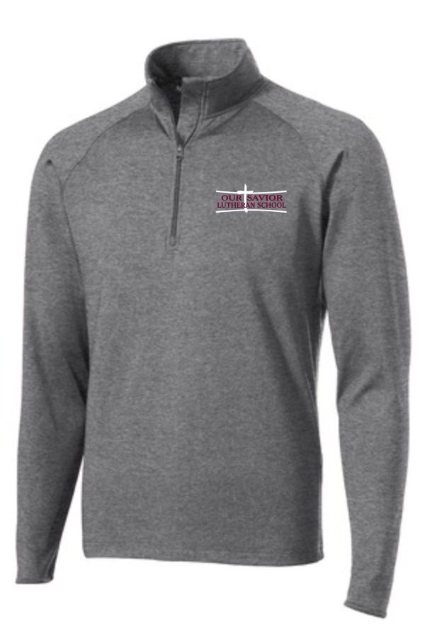 Gray OSLS Mens 1/2 zip embroidered stretch pullover ST850 with "our savior lutheran school" logo embroidered on the left chest.