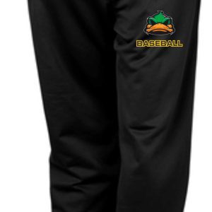 Black baseball pants with duck logo.