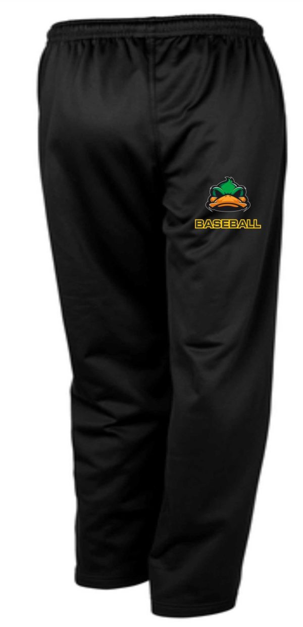 Black baseball pants with duck logo.