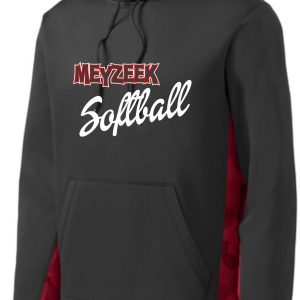 Black Deep Red hoodie ST239 with "Meyzeek Softball" printed in bold white and red letters on the front.