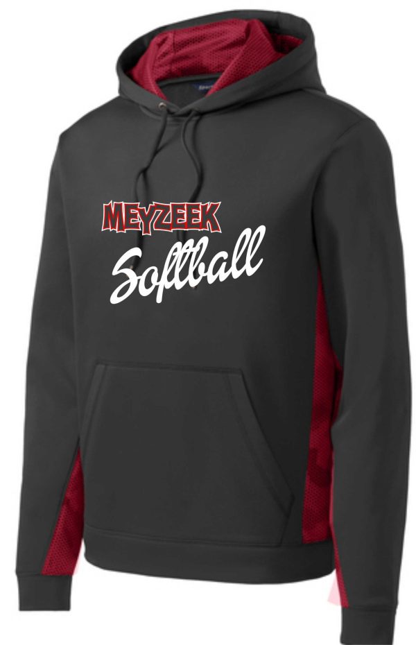 Black Deep Red hoodie ST239 with "Meyzeek Softball" printed in bold white and red letters on the front.