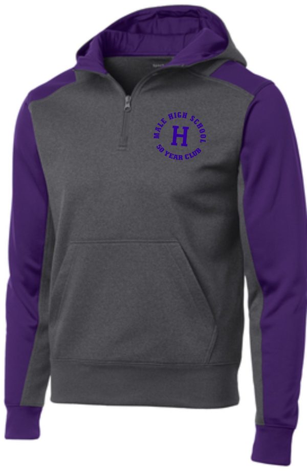 Gray and purple Male High School hoodie.