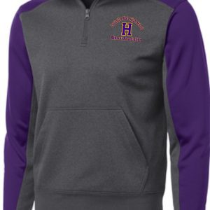 Gray and purple hooded sweatshirt with a logo.