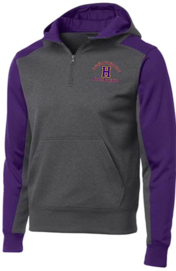 Gray and purple hooded sweatshirt with a logo.