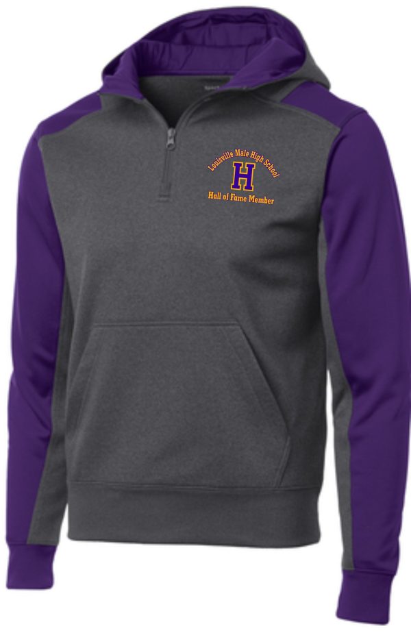 Gray and purple hooded sweatshirt with logo.