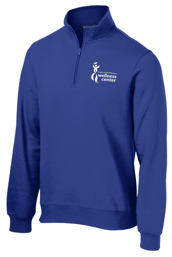 Blue long-sleeved sweatshirt with logo.