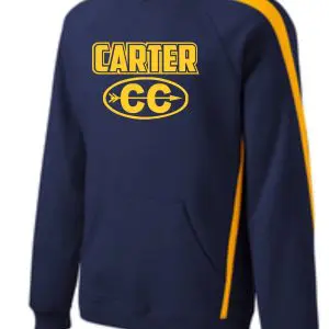 Blue and yellow Carter Cross Country ADULT Sleeve stripe hooded sweatshirt with "carter cc" printed in yellow on the front, featuring a yellow and white logo and yellow stripes on the sleeves.