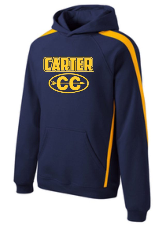 Blue and yellow Carter Cross Country ADULT Sleeve stripe hooded sweatshirt with "carter cc" printed in yellow on the front, featuring a yellow and white logo and yellow stripes on the sleeves.