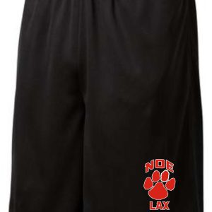 Black athletic shorts with red paw print logo.