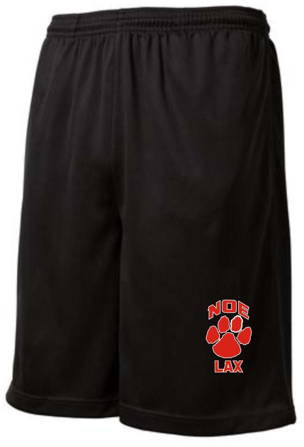 Black athletic shorts with red paw print logo.