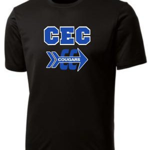 CEC Cross Country moisture wicking black t-shirt with "cec cougars" logo in blue and white on the front.