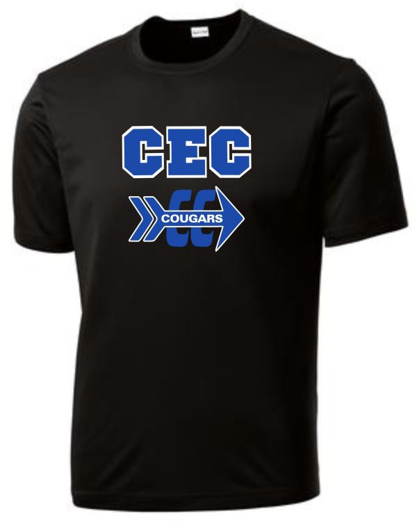 CEC Cross Country moisture wicking black t-shirt with "cec cougars" logo in blue and white on the front.