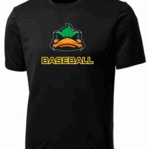 Black baseball t-shirt with duck logo.