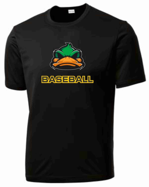 Black baseball t-shirt with duck logo.