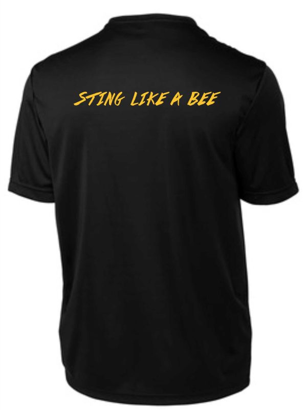 Black t-shirt with "Sting like a bee" text.