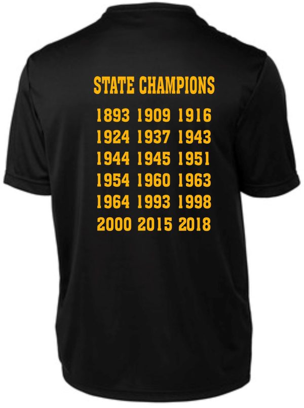 Black shirt with state champions years in gold.