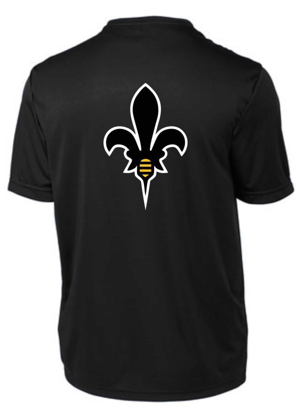 Black t-shirt with fleur-de-lis logo.