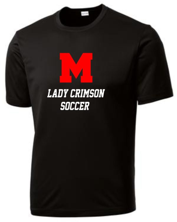 Manual Lady Crimson Soccer LETTERS moisture wicking tshirt ST350 with a red "m" logo and the text "lady crimson soccer" printed in white below the logo.