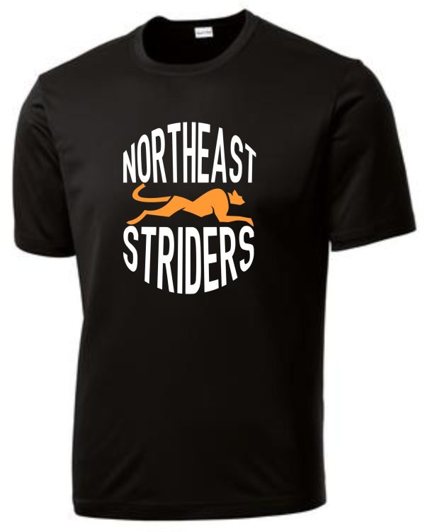 Black t-shirt with Northeast Striders logo.