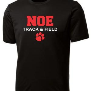 Noe Middle School Short Sleeve Moisture wicking PAW ST350 with "noe track & field" text and a red paw print design on the front.